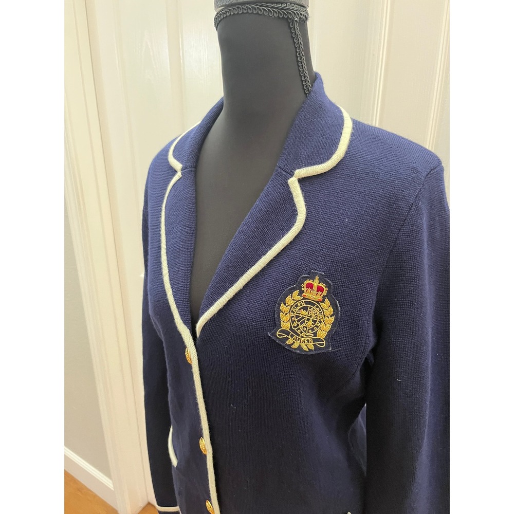 Lauren Ralph Lauren Knit Blazer Womens M Navy Excellent Merino Wool Crested